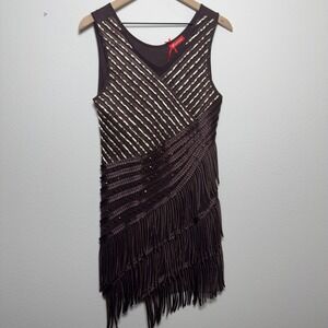 Happyface Women Fringe Flapper Mini Dress Medium Chocolate Brown Asymmetrical
